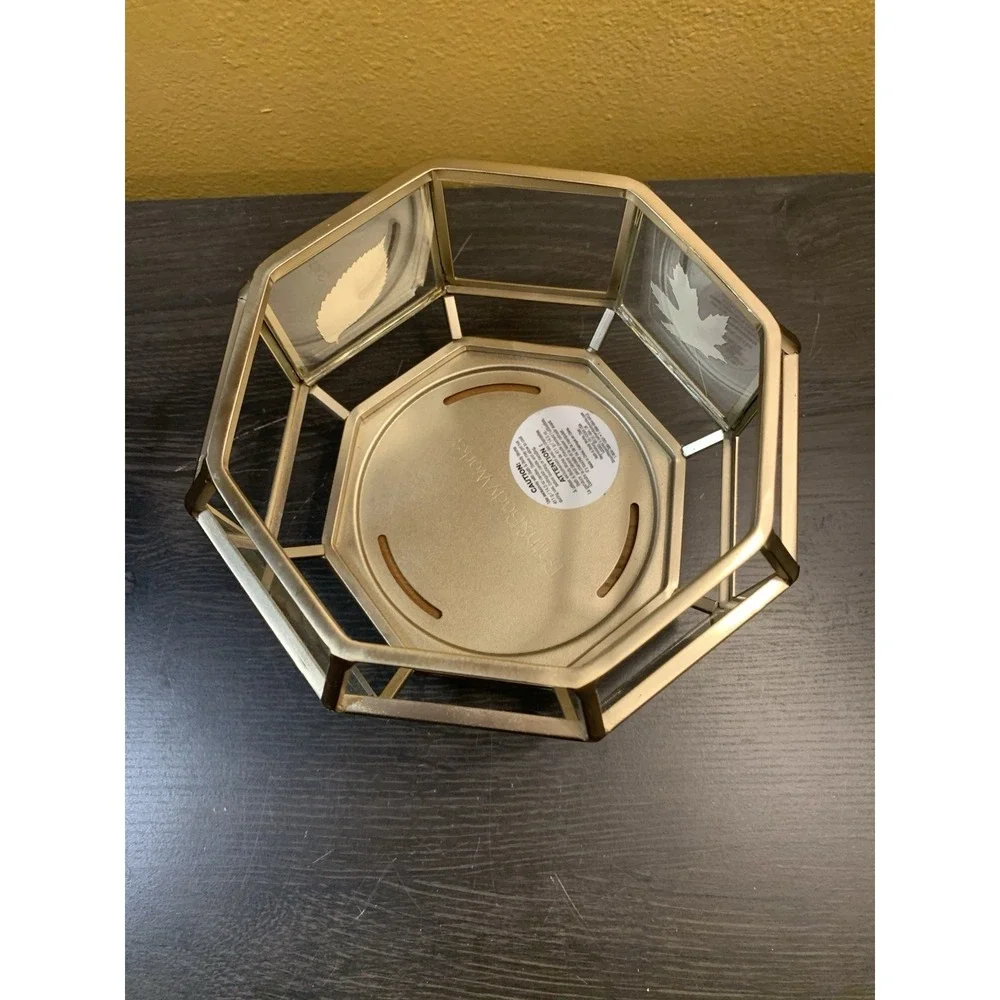 Bath & Body Works Candle Holder Gold Leaves Octagon Shaped Fall Autumn Wood Base - Picture 4 of 10